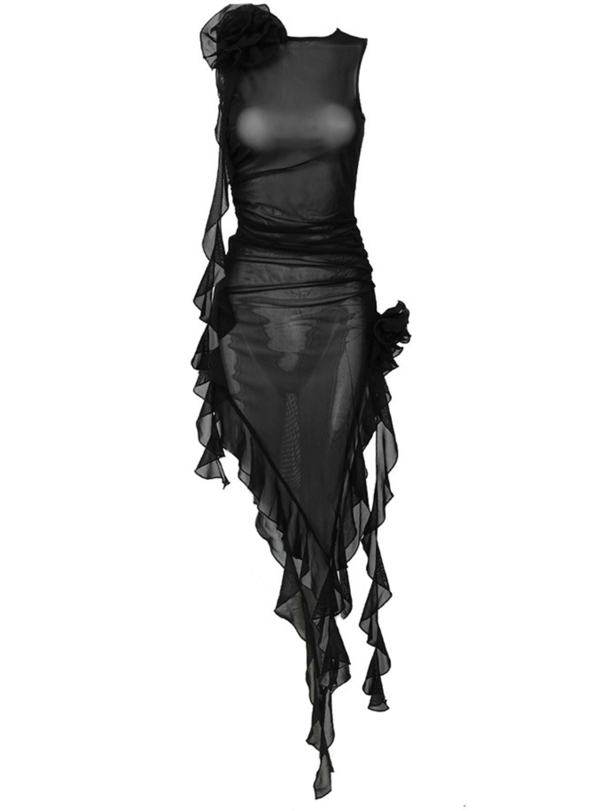 Mesh Flower Applique Ruffle High Split High Low Midi Dress