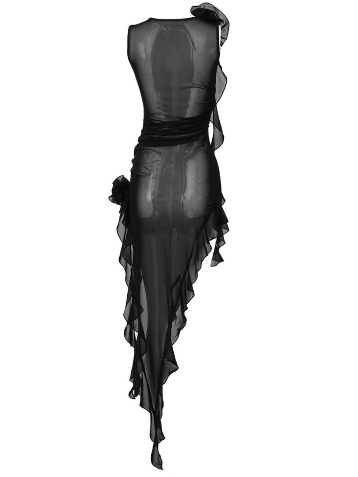 Mesh Flower Applique Ruffle High Split High Low Midi Dress