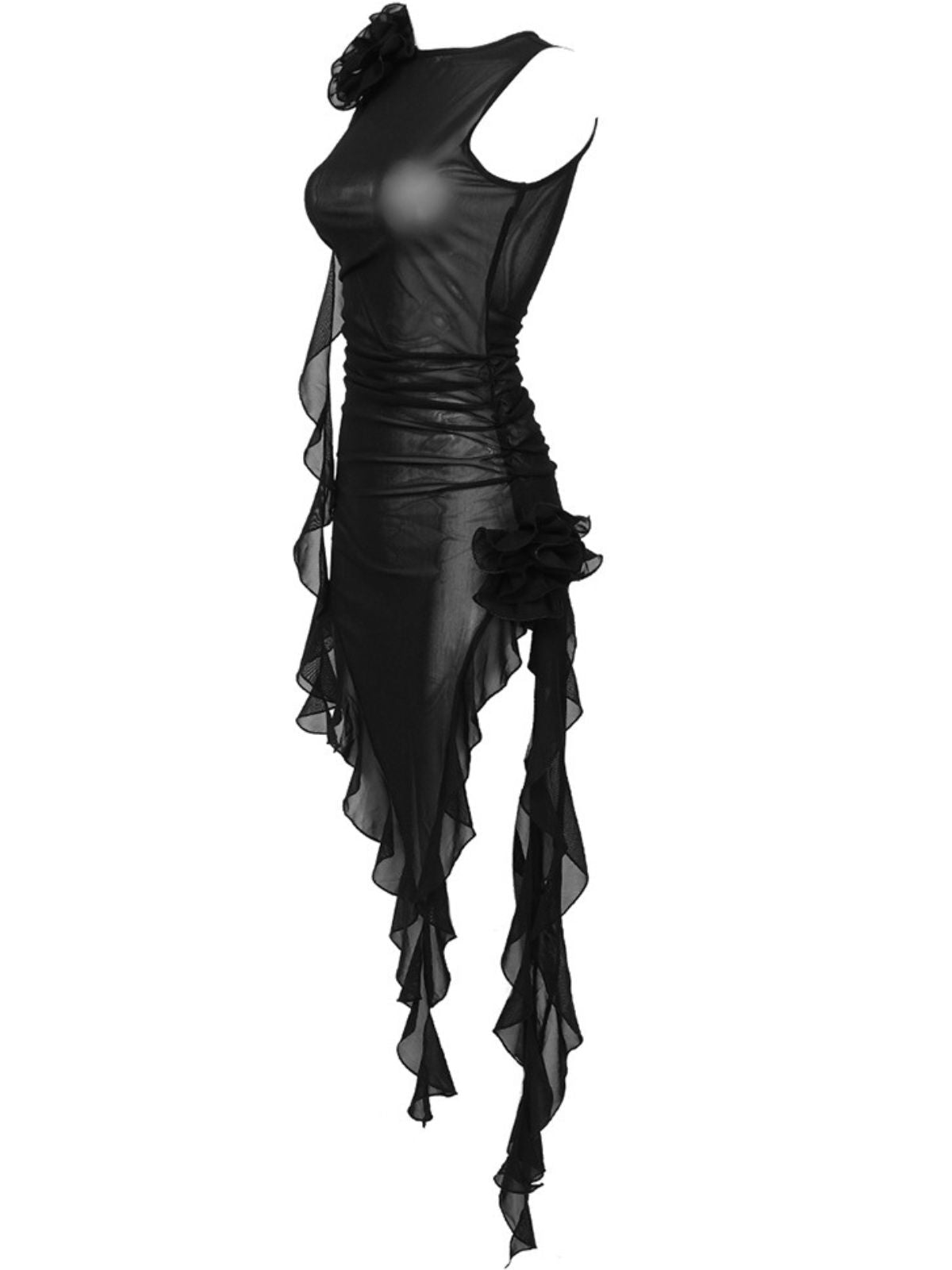 Mesh Flower Applique Ruffle High Split High Low Midi Dress
