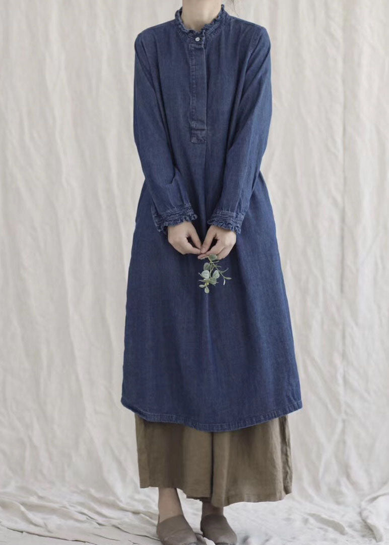 Ruffle Collar Cuff Long Sleeve Denim Button Front Midi Dress