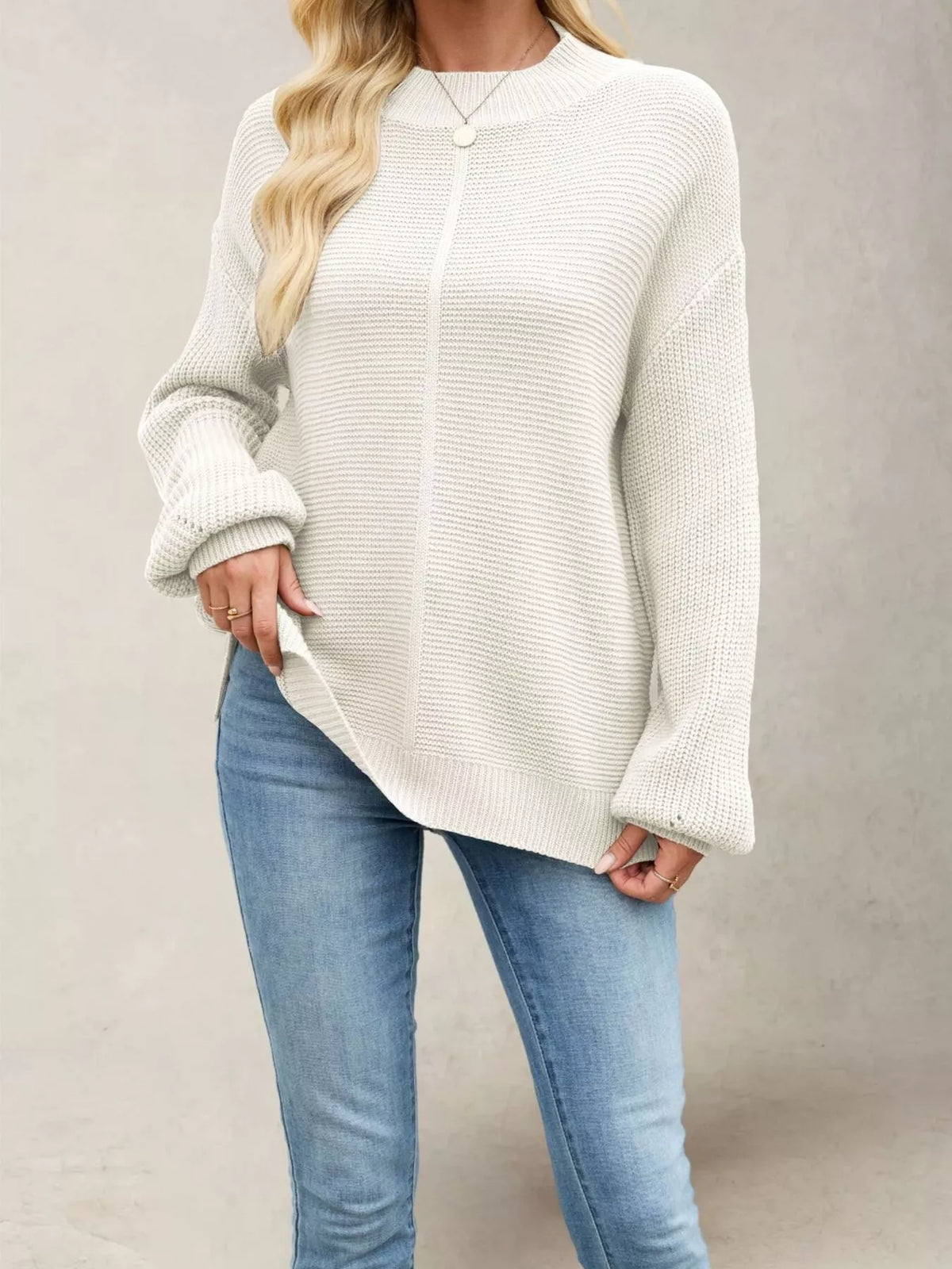 Mock Neck Drop Shoulder Front Seam Ribbed Knit Sweater