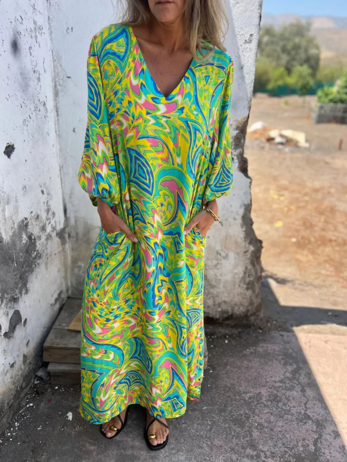 Full Size Printed V-Neck Dress with Pockets Plus Size Lime