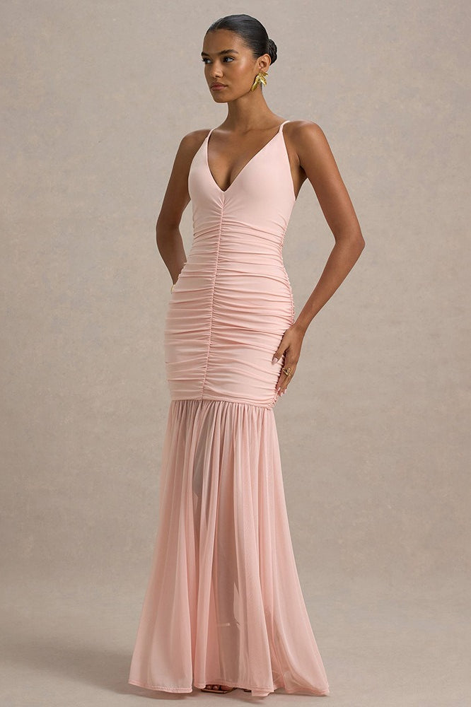 Satin Spaghetti Strap Plunge Ruched Maxi Dress