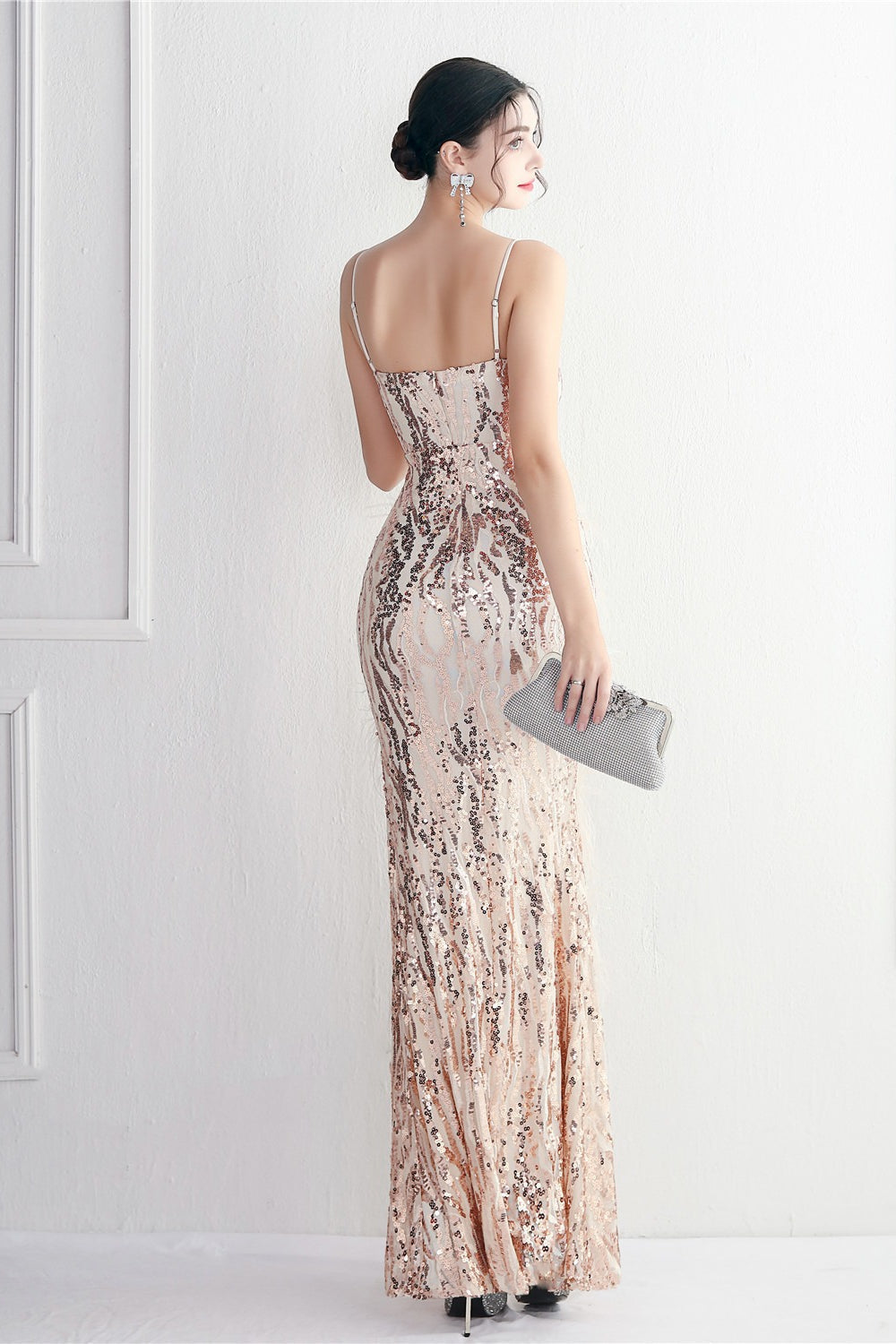 Sequin Deep V-Neck Spaghetti Strap Feather High Split Gown - View 24