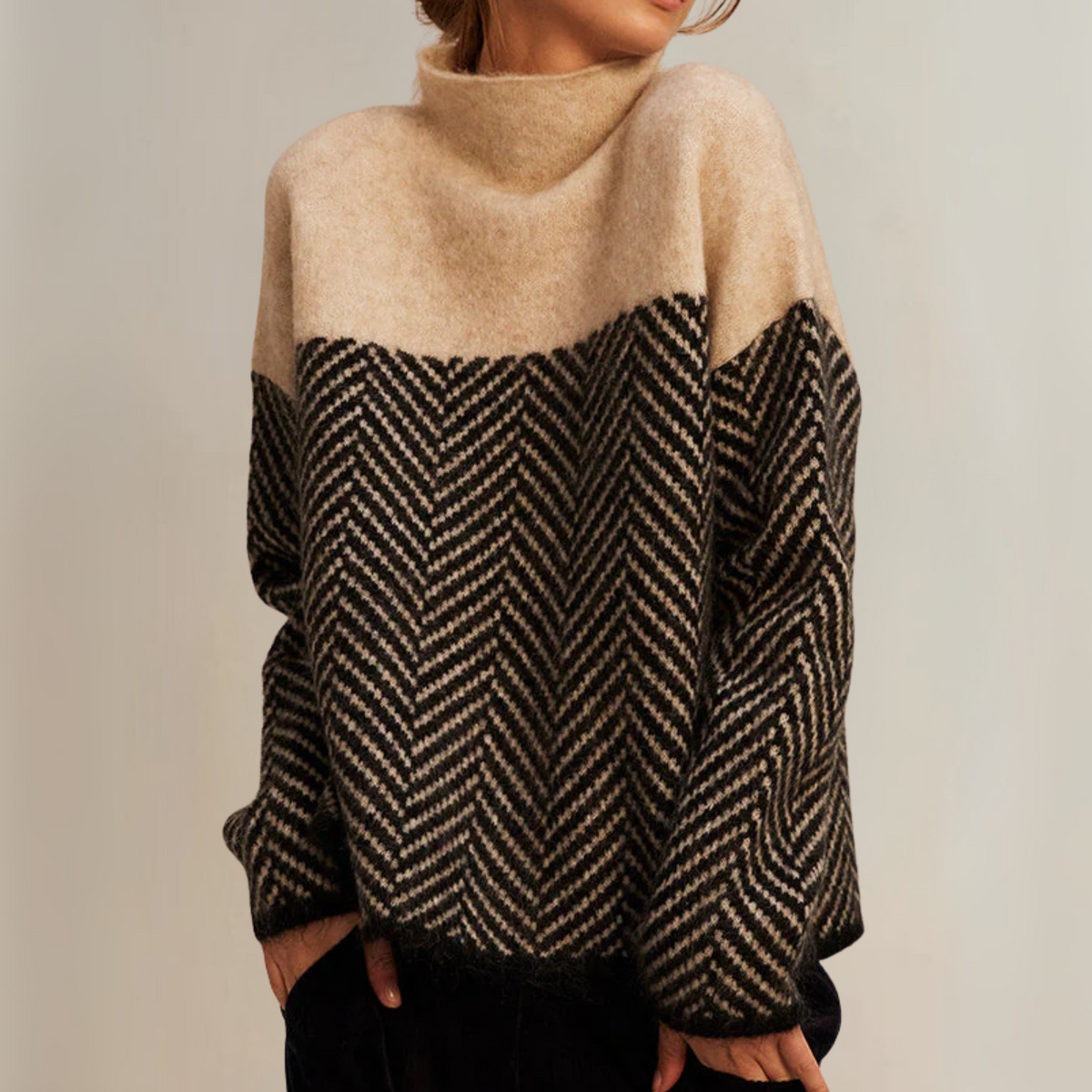 Turtleneck Herringbone Colorblock Oversized Sweater