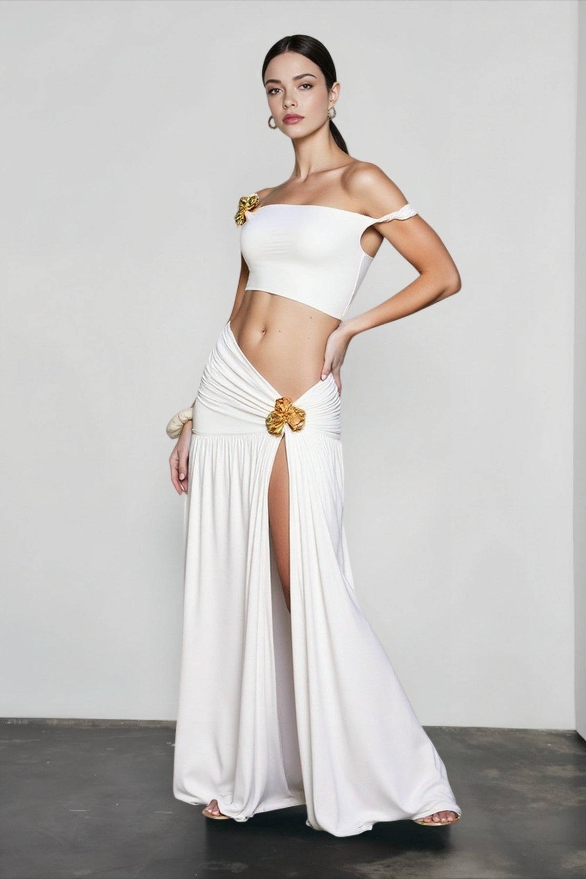 Off Shoulder Crop Top and Ruched High Split Maxi Skirt Two Piece Set 6