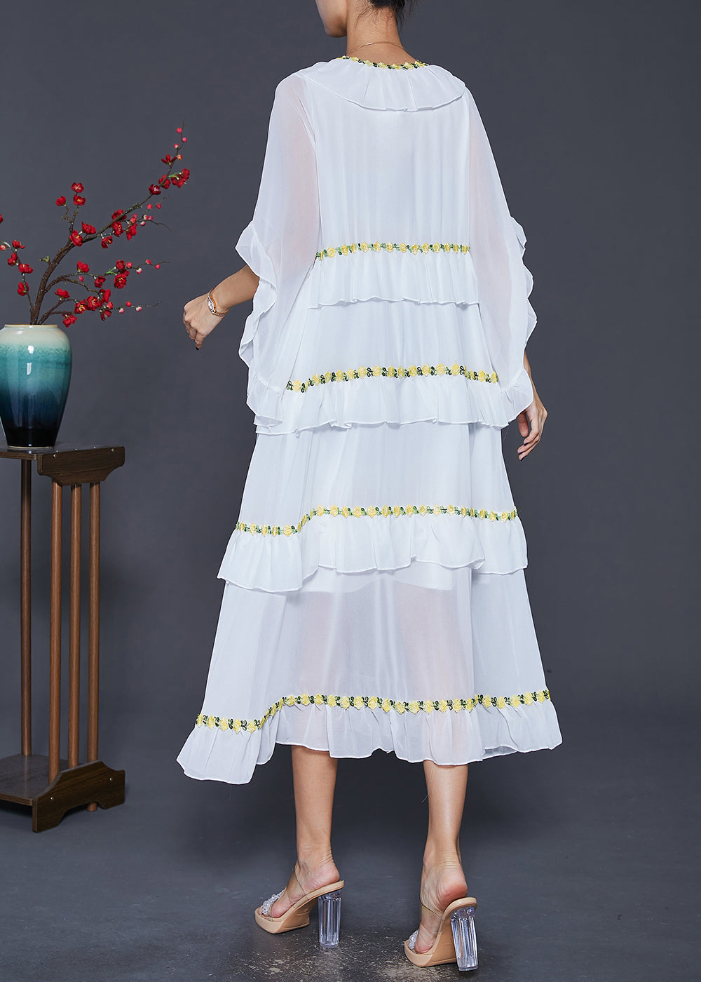 Chiffon V-Neck Ruffle Butterfly Sleeve Tiered Floral Embroidery Maxi Dress