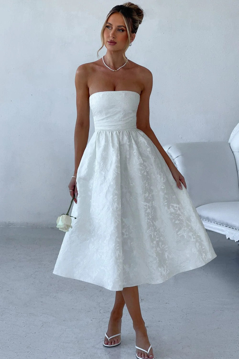 Solid Jacquard Strapless A-Line Party Dress