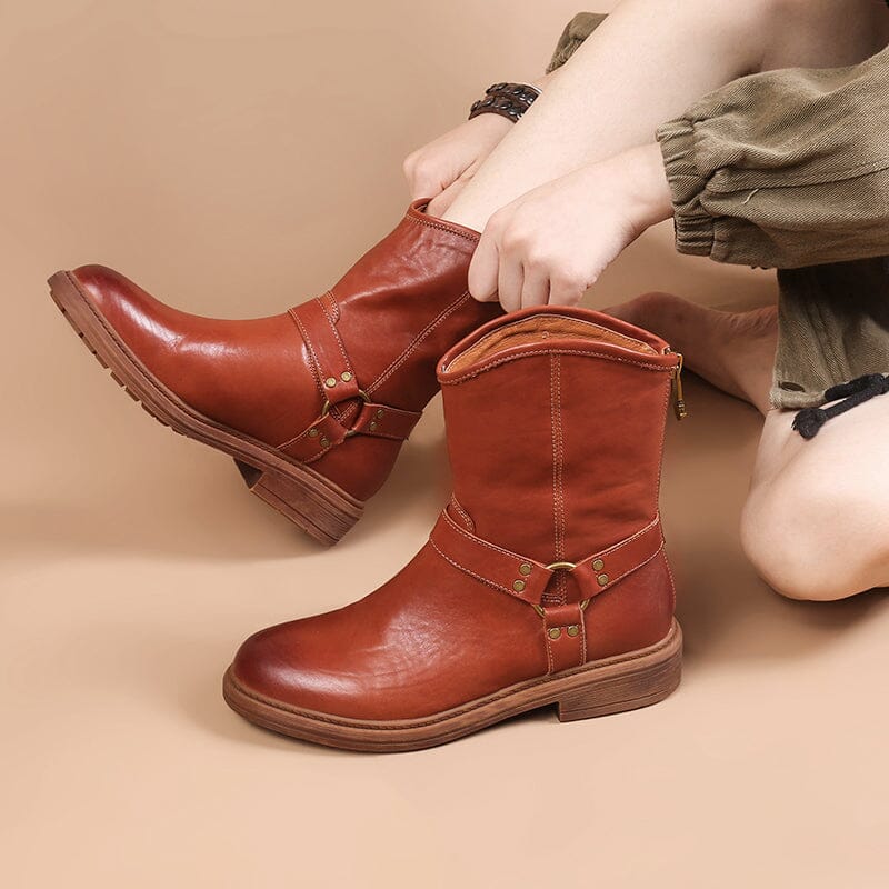 Belted Western boots Chunky Heel Leather Short Boots Back Zip Black /Coffee/Brown