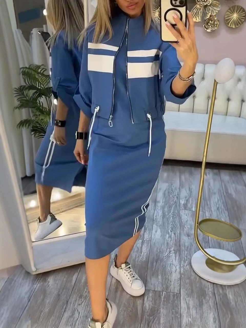 Striped Zip Up Jacket and Midi Skirt Two Piece Set 2
