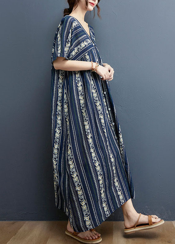 Vertical Border Print V-Neck Button Front Short Sleeve Maxi Dress