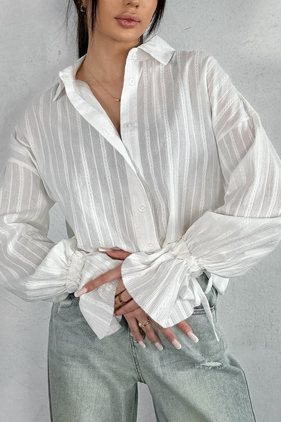 Textured Stripe Collared Button Front Tie Cuff Flare Sleeve Shirt