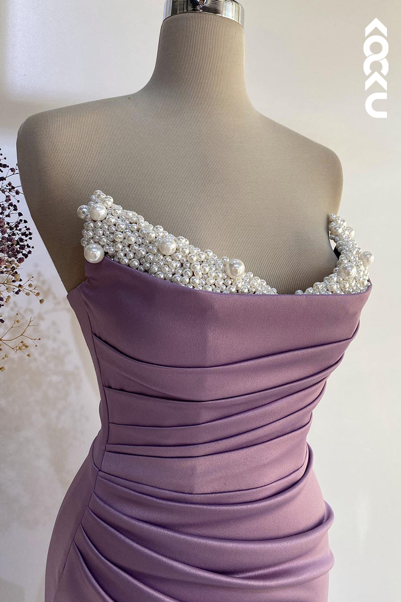 L1323 - Sheath/Column Off-Shoulder Ruched Beaded Long Prom Evening Dress