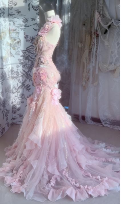 Fairytale Pink Sweetheart Mermaid Tulle Long Prom Dresses Formal Evening Gowns with Appliques