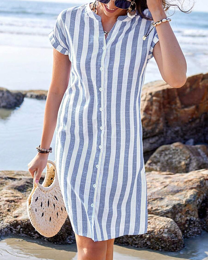Striped Button Front Short Sleeve Mini Shirt Dress