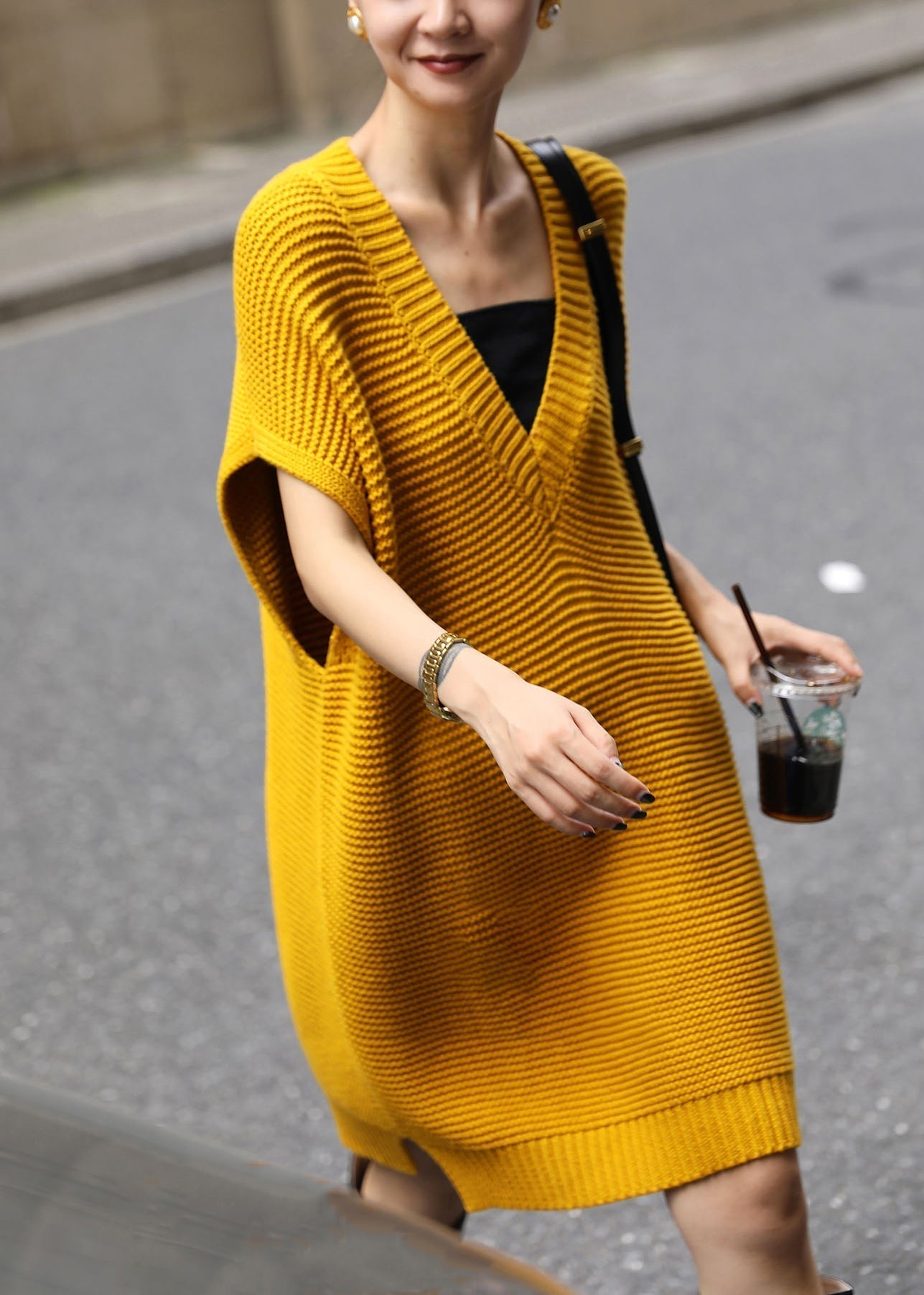 Oversized Knit Deep V-Neck Sleeveless Side Slit Mini Dress