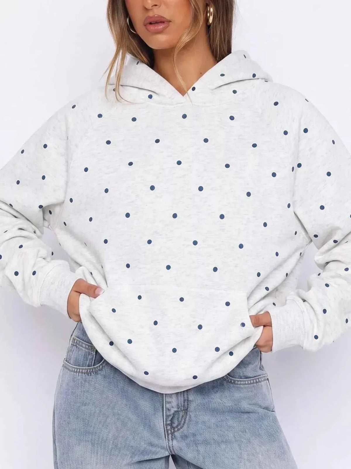 Polka Dot Raglan Sleeve Kangaroo Pocket Hooded Sweatshirt 11