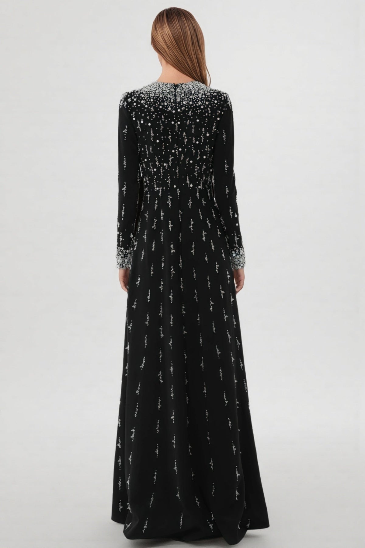 Crew Neck Long Sleeve Beaded Sequin Embellished A-Line Maxi Gown 5