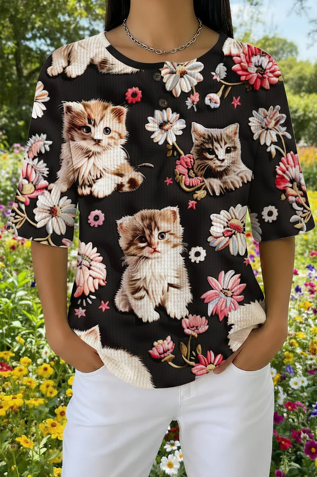 Floral Kitten Print Waffle Knit Short Sleeve Henley Top