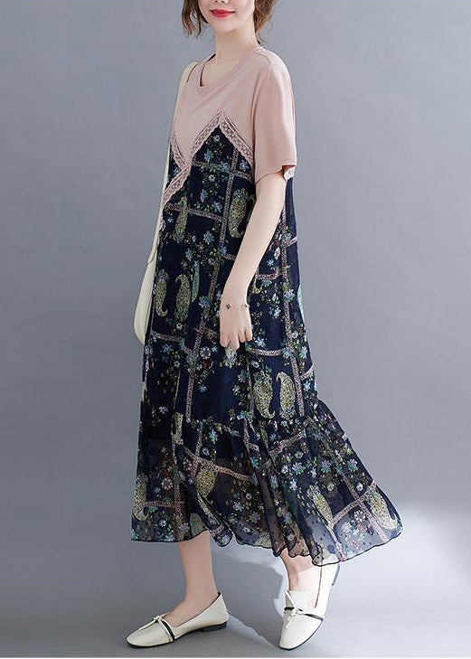 Faux Two Piece Paisley Patchwork Lace Trim Ruffle Hem Midi Dress