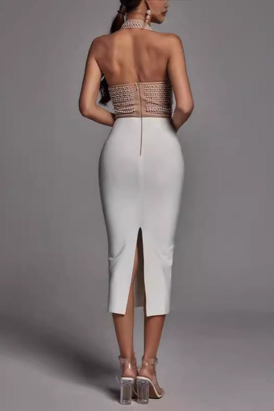 Pearl Beaded Halter Neck Faux Two-Piece Bodycon Midi Cocktail Dress