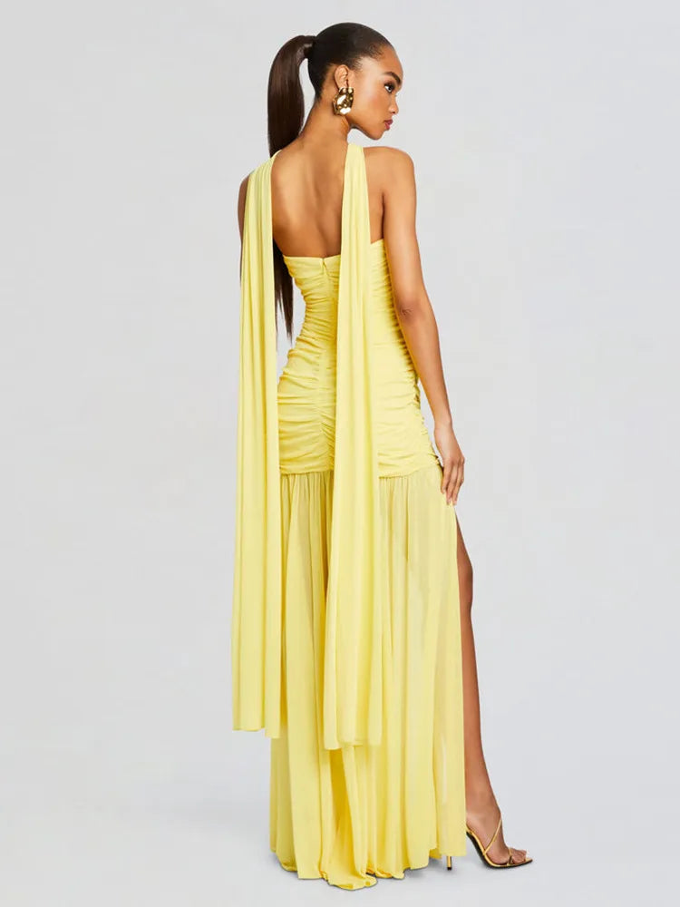 Sheer Mesh Asymmetric Halter Neck Ruched Bodice Mermaid Maxi Dress 15
