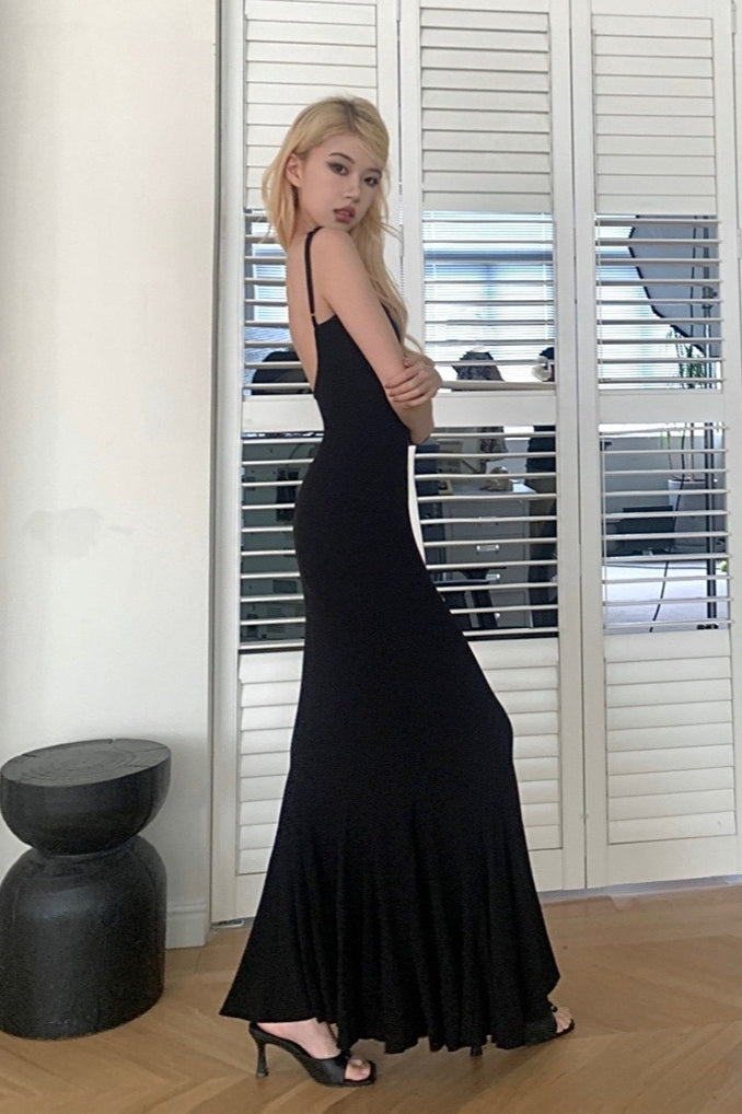 Backless Spaghetti Strap Ruffle Fishtail Mermaid Maxi Dress