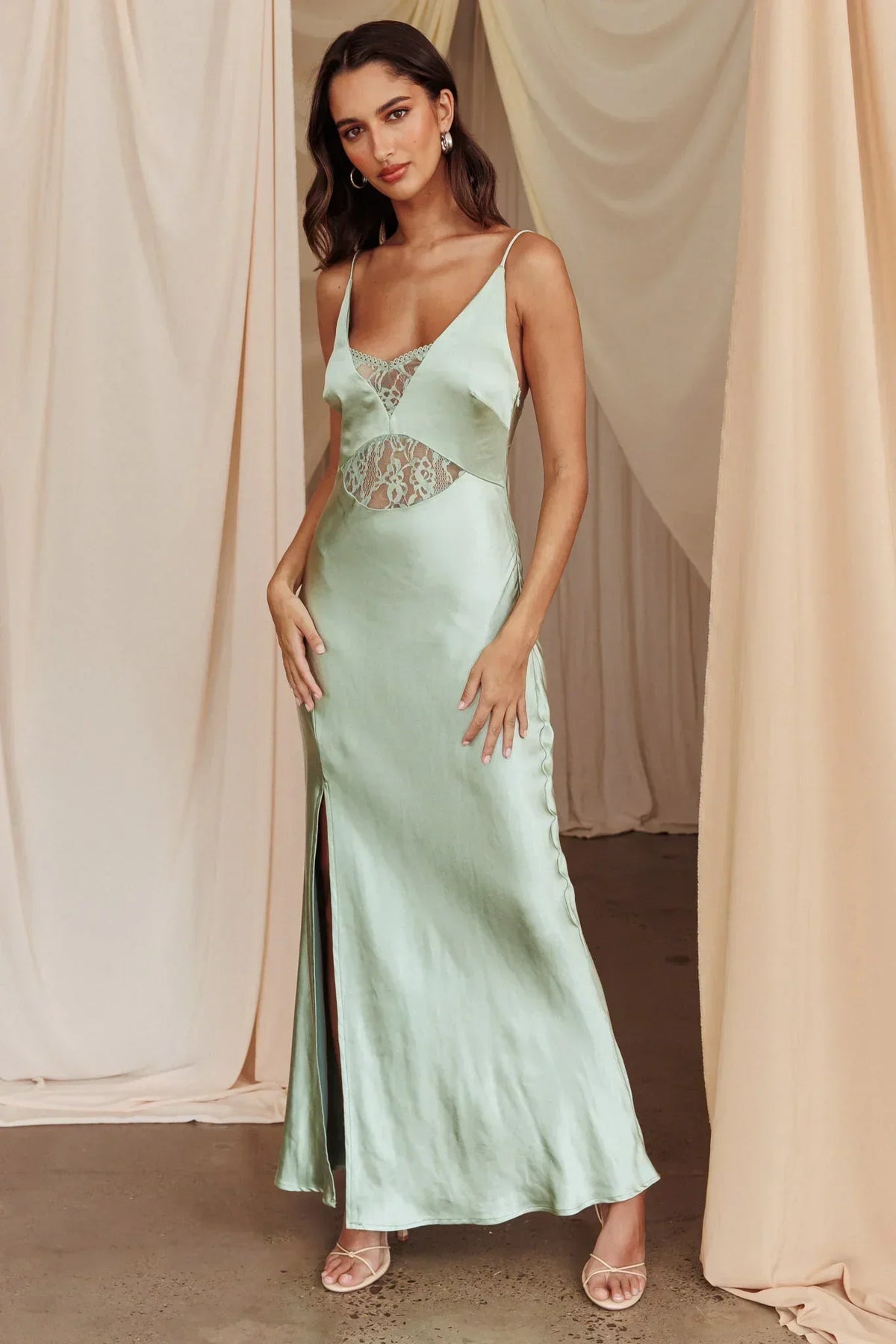 Satin V-Neck Spaghetti Strap Lace Insert High Split Maxi Dress 5