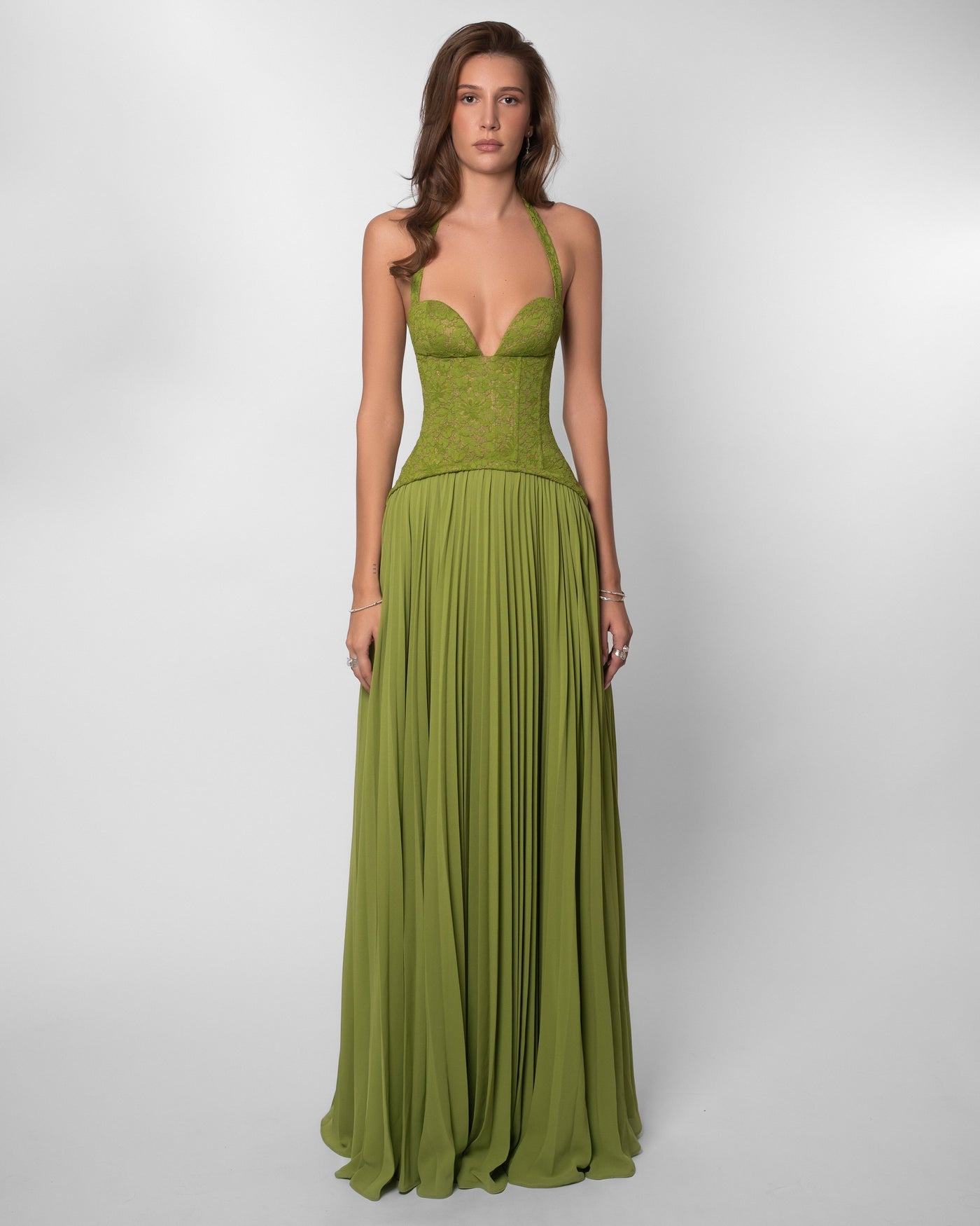 Lace Sweetheart Corset Pleated Maxi Gown
