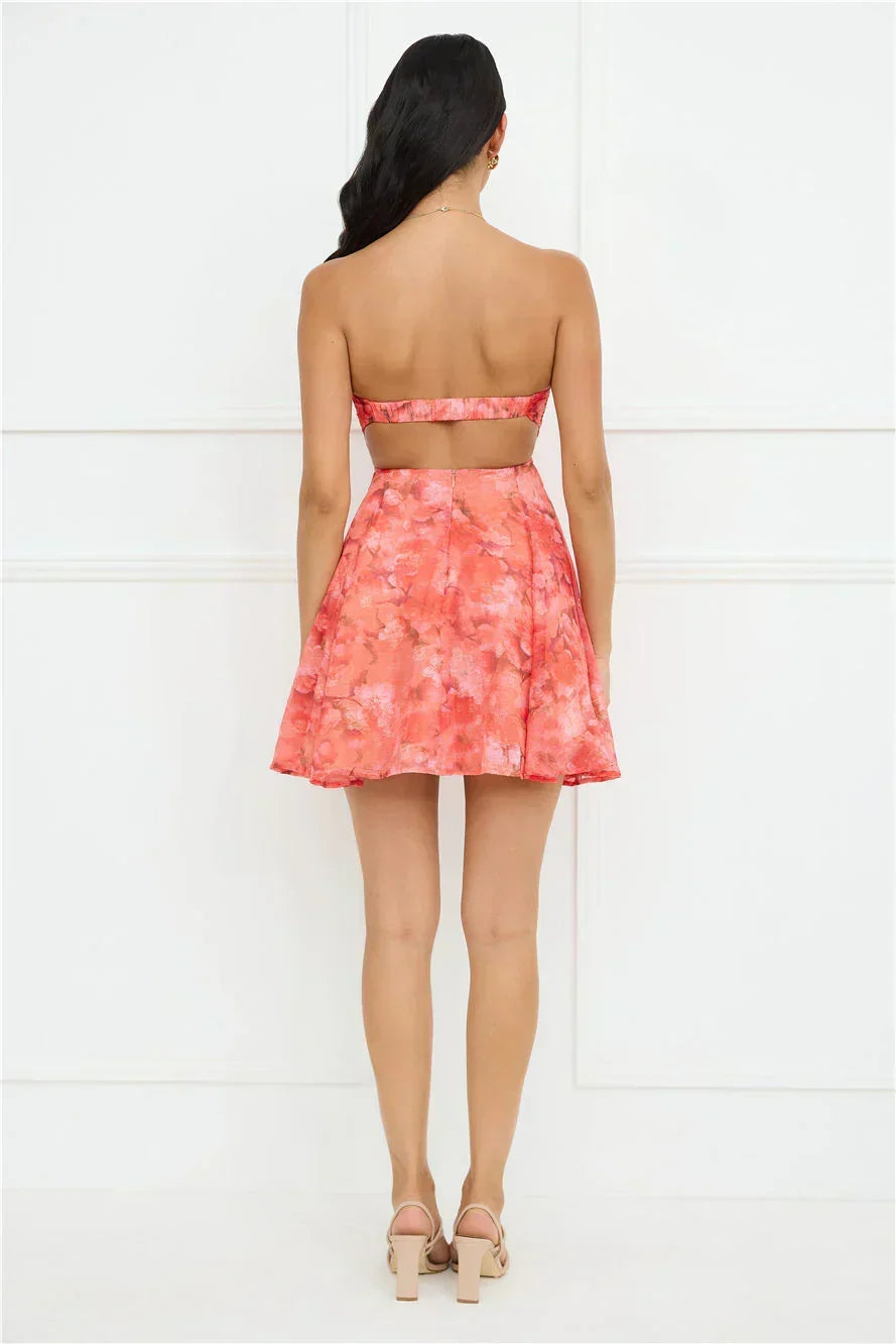 Strapless Floral Print Tie Front Fit and Flare Mini Dress 6