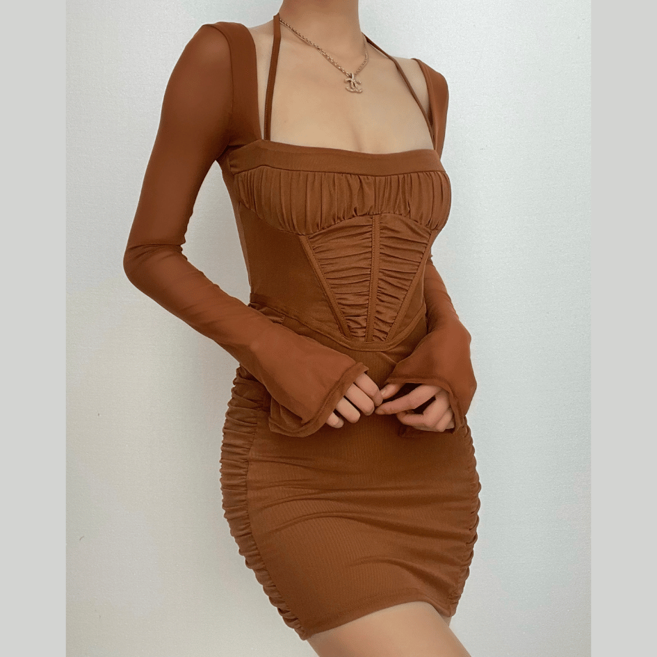 Mesh Long Sleeve Ruched Corset Bodycon Mini Dress