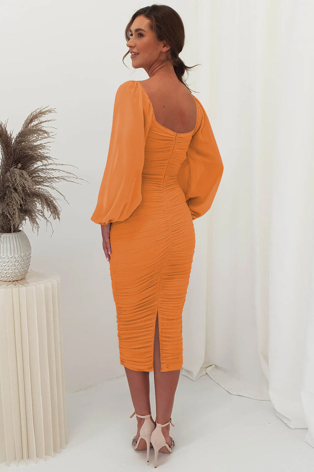 Square Neck Sheer Mesh Long Sleeve Ruched Bodycon Midi Dress 21