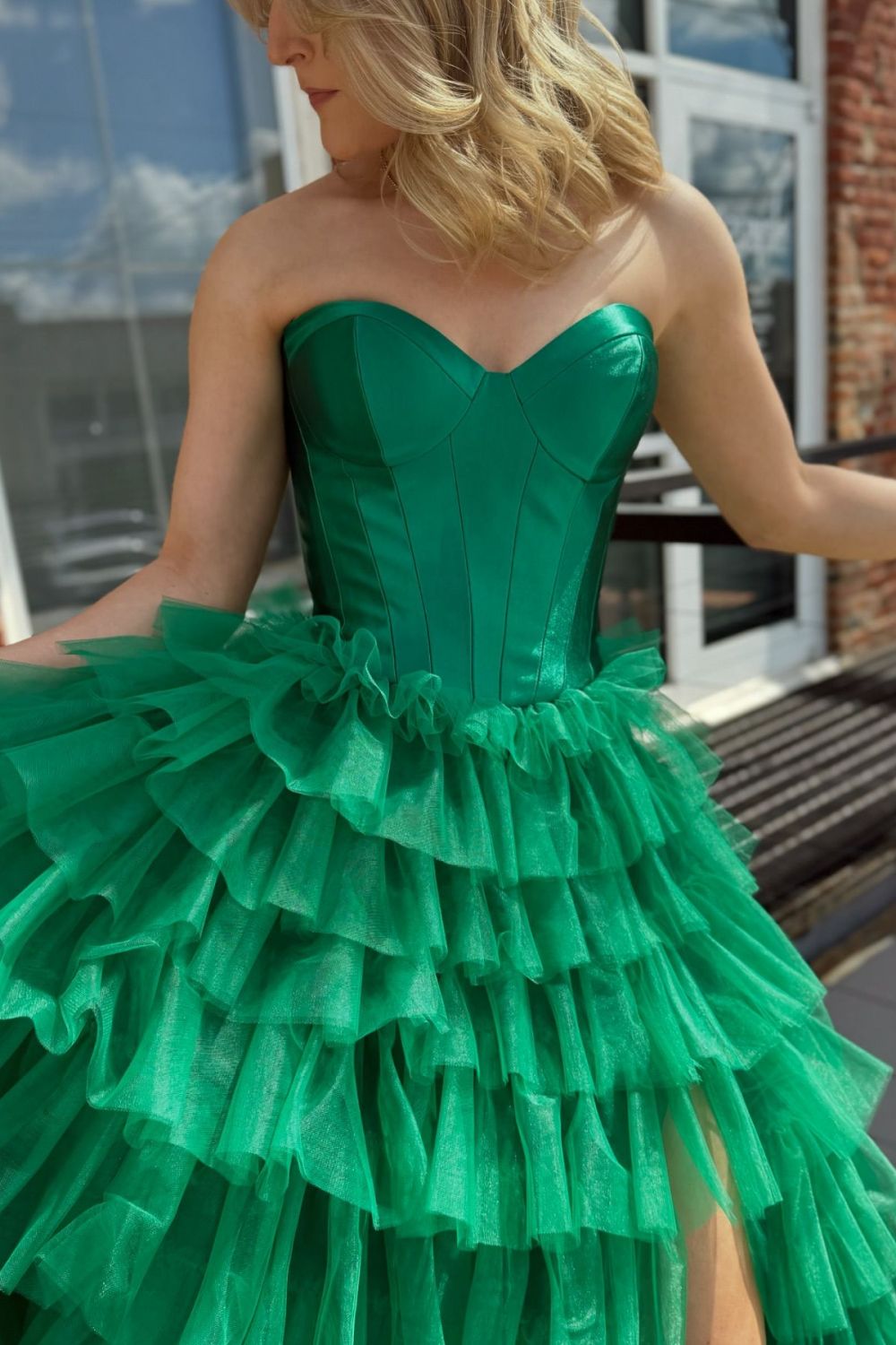 Princess A Line Sweetheart Green Long Prom Dress with Ruffles