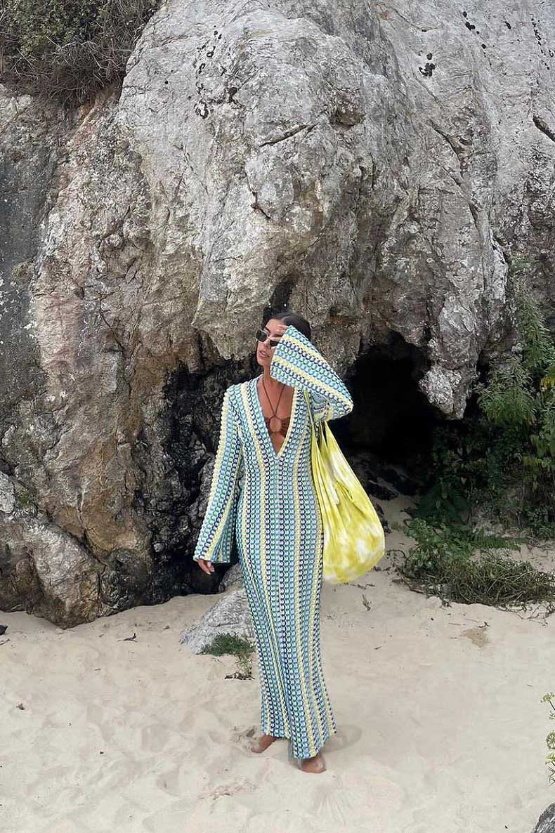 Crochet Deep V-Neck Long Sleeve Striped Boho Maxi Dress