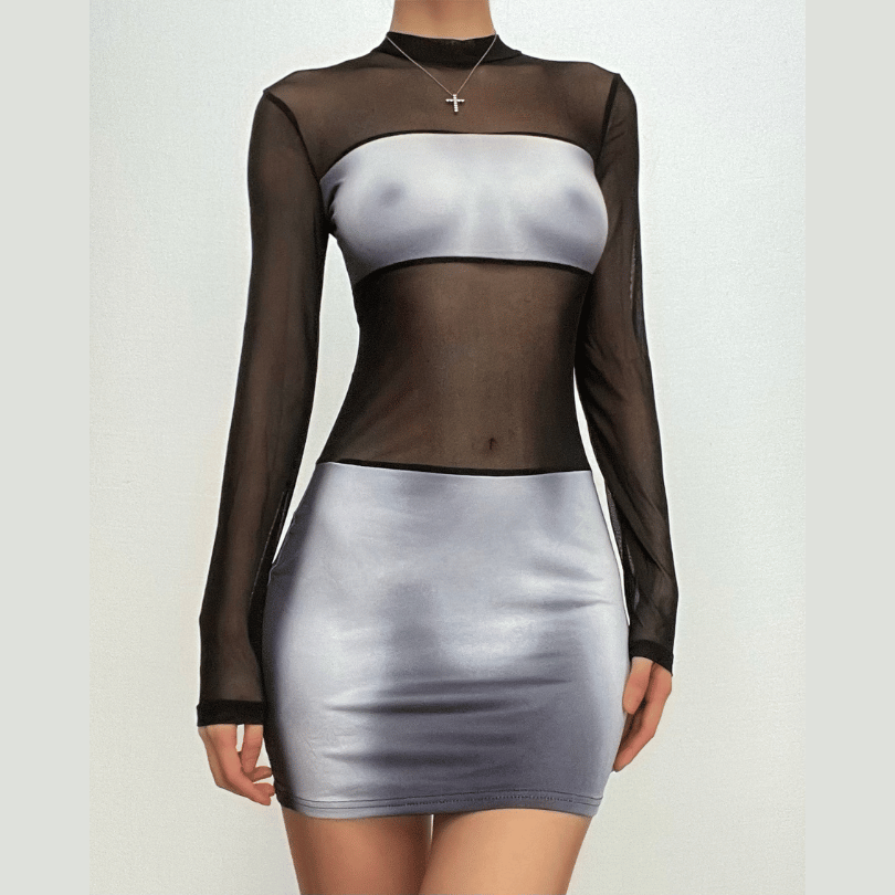 Mock Neck Sheer Mesh Panel Long Sleeve Metallic Bodycon Mini Dress