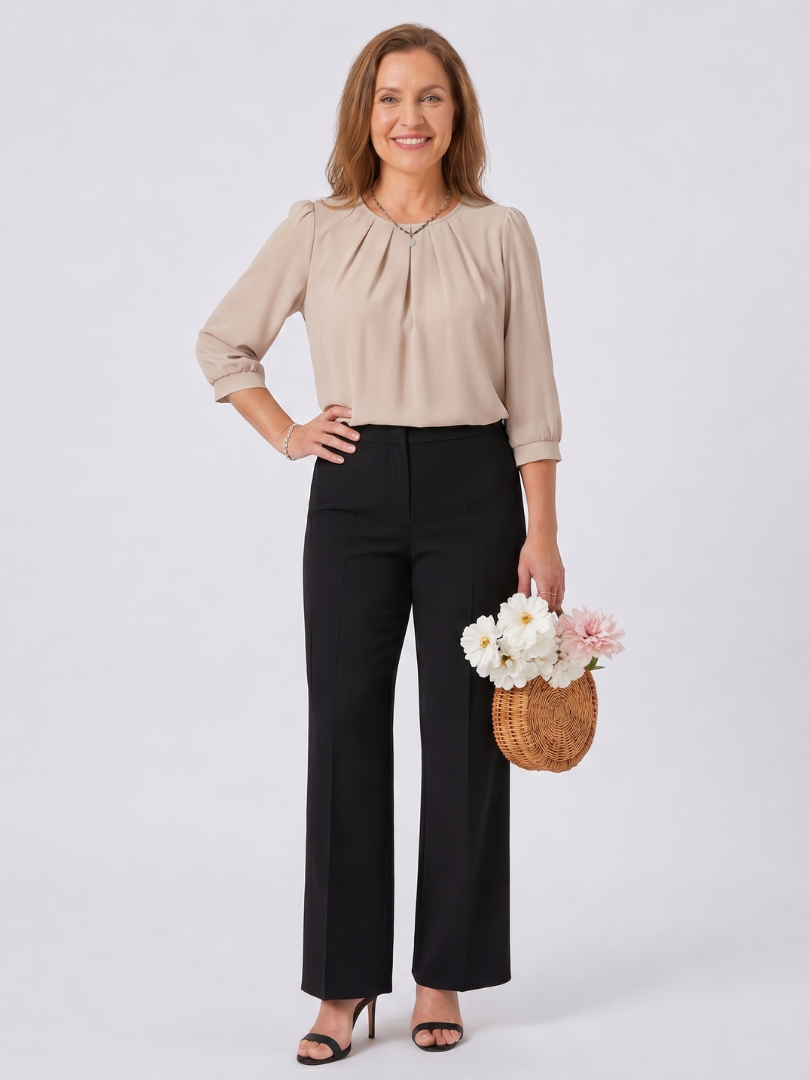 Pleated Round Neck 3/4 Sleeve Blouse