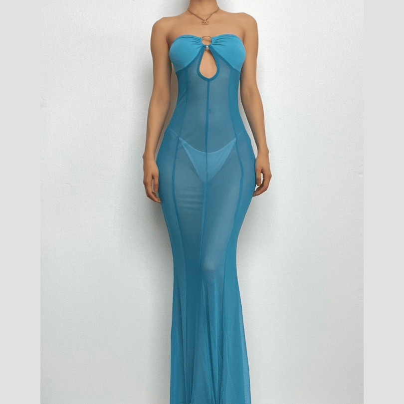 Mesh see through o ring hollow out backless tube maxi dress 13