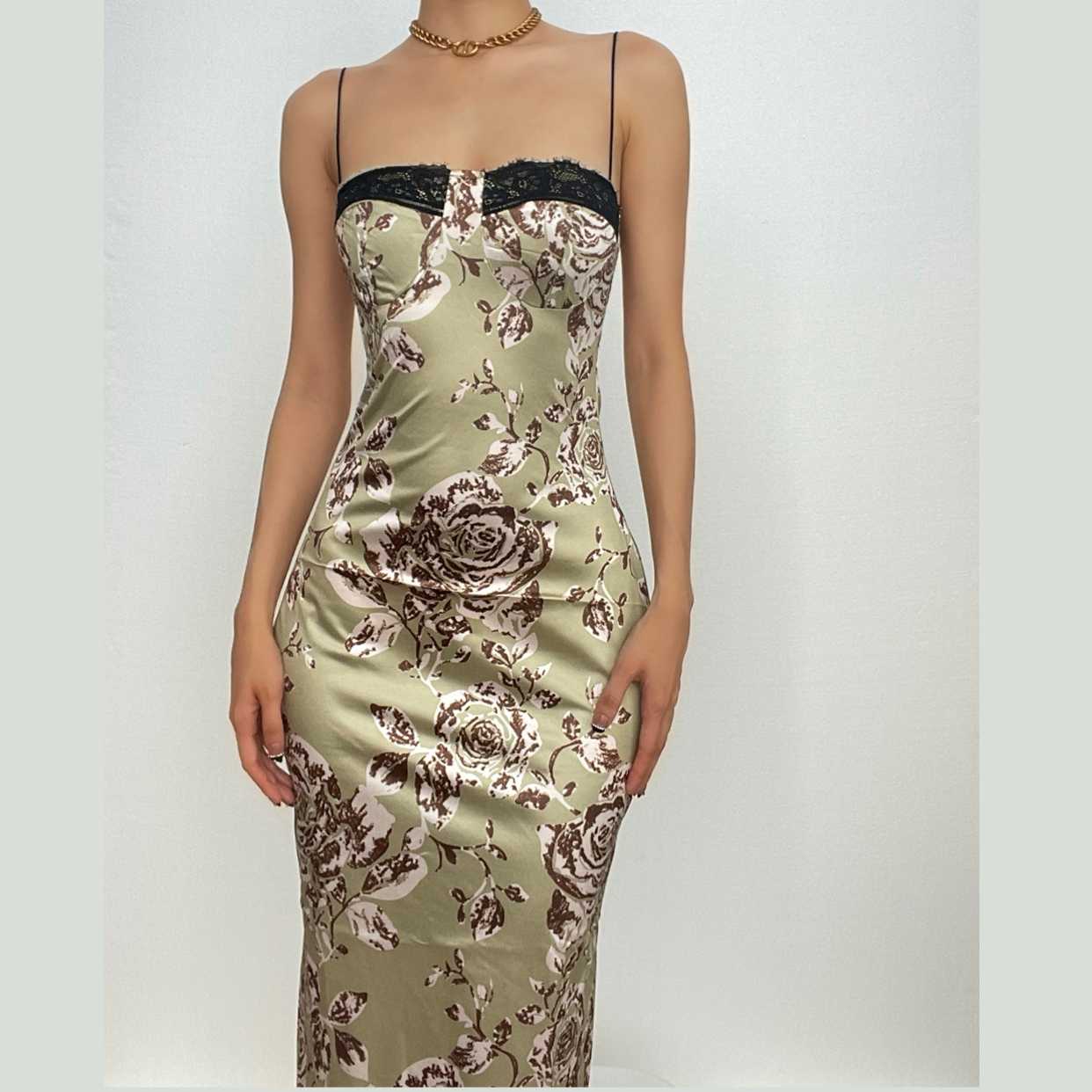 Satin Floral Lace Trim Spaghetti Strap Ruched Bodycon Midi Dress