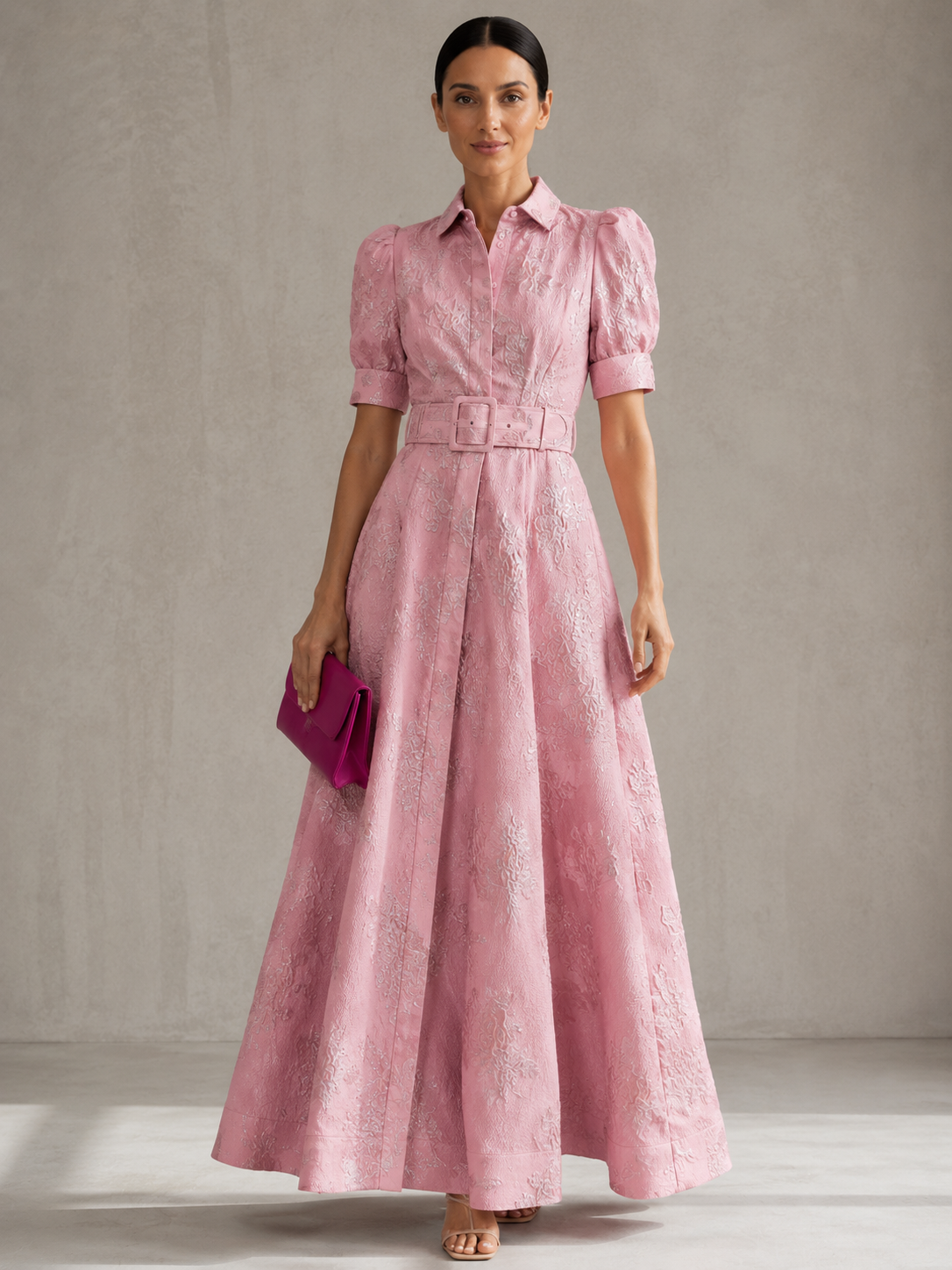Floral Jacquard Collared Puff Sleeve Belted A-Line Maxi Dress