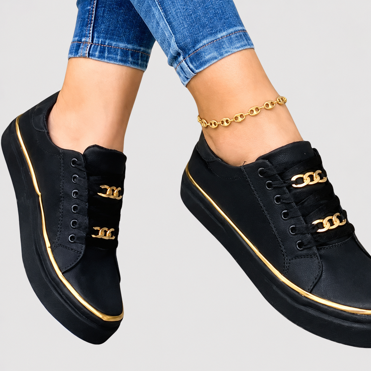 Chain Lace Up Gold Trim Platform Sneakers