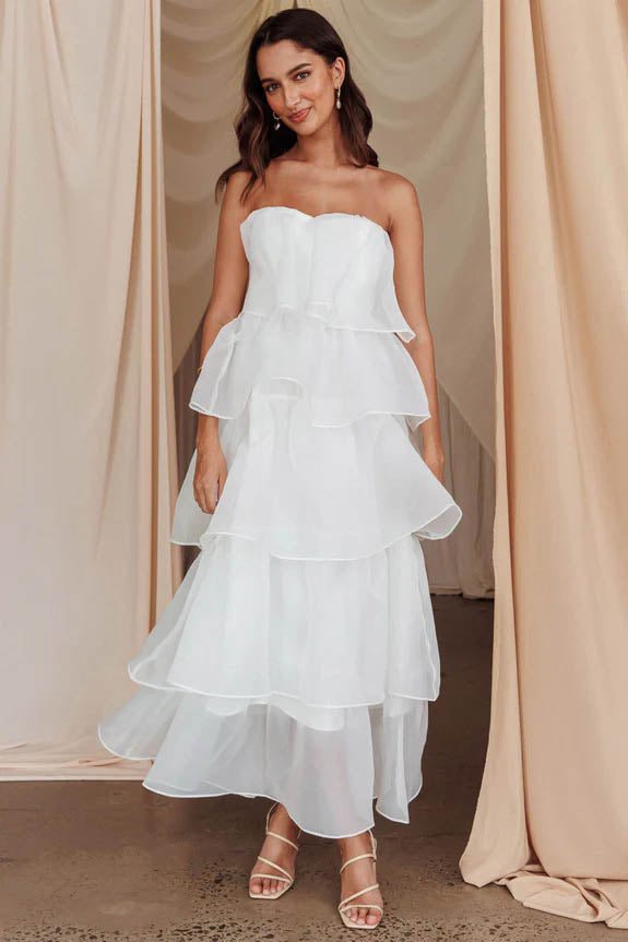 Strapless Backless Tiered Ruffle Organza Maxi Dress
