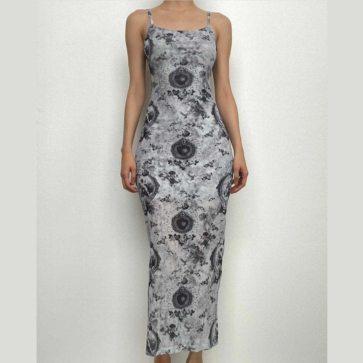 Baroque Heart Cherub Print Spaghetti Strap Bodycon Maxi Dress