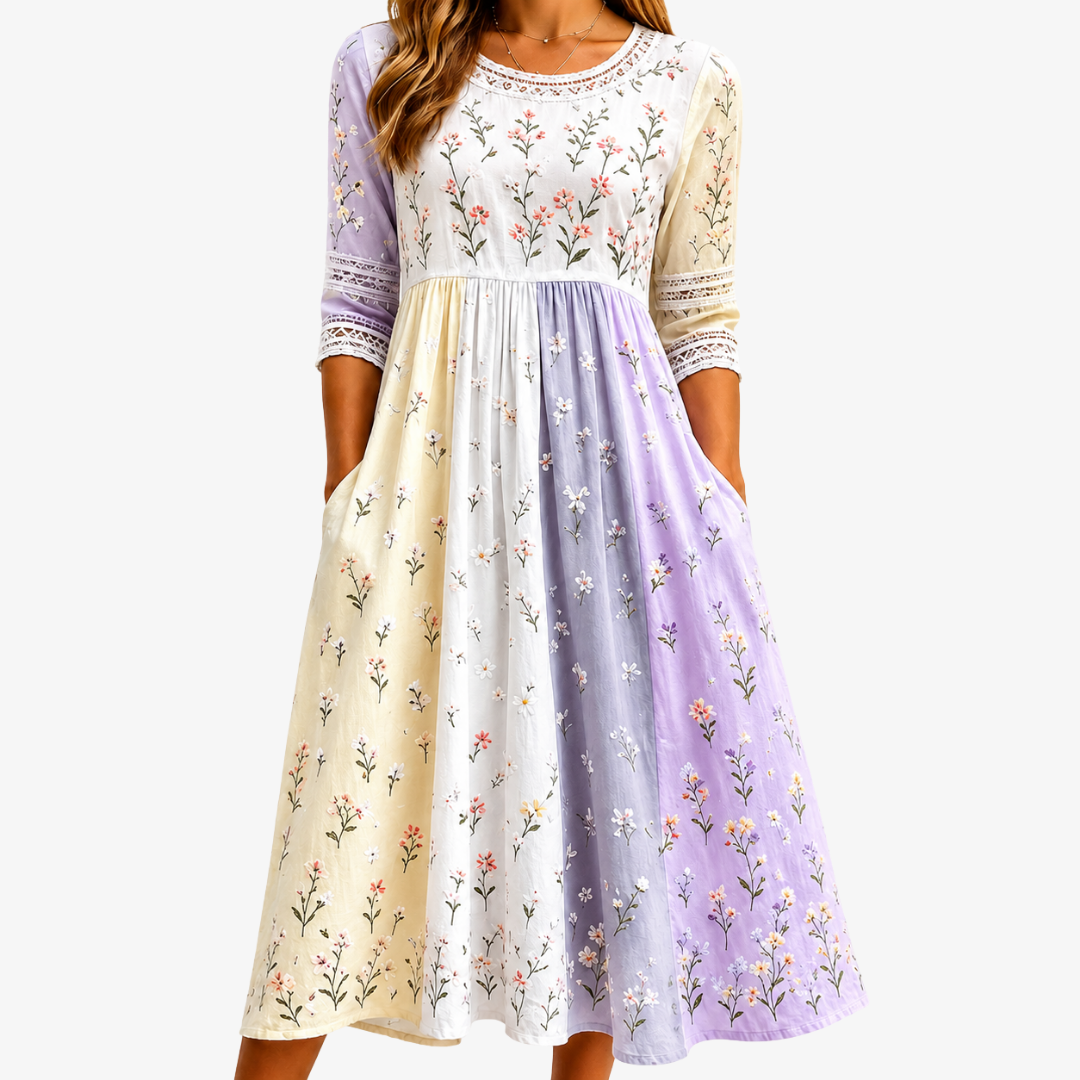 Ditsy Floral Print Lace Trim Pocket Patchwork Midi Dress
