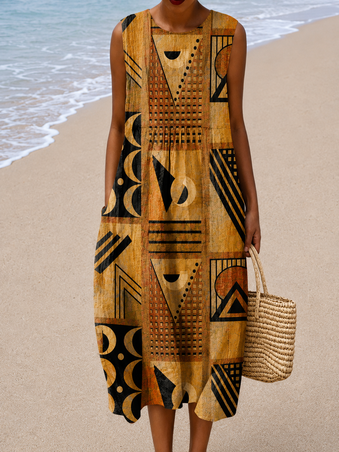Aztec Geometric Print Round Neck Sleeveless Midi Dress