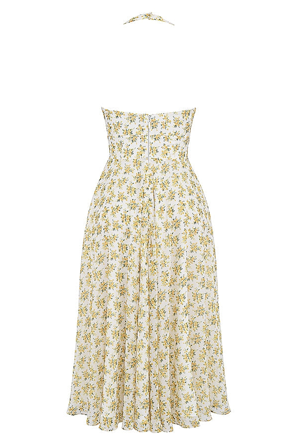 Ditsy Floral Halter Neck Plunge Fit and Flare Midi Dress 14