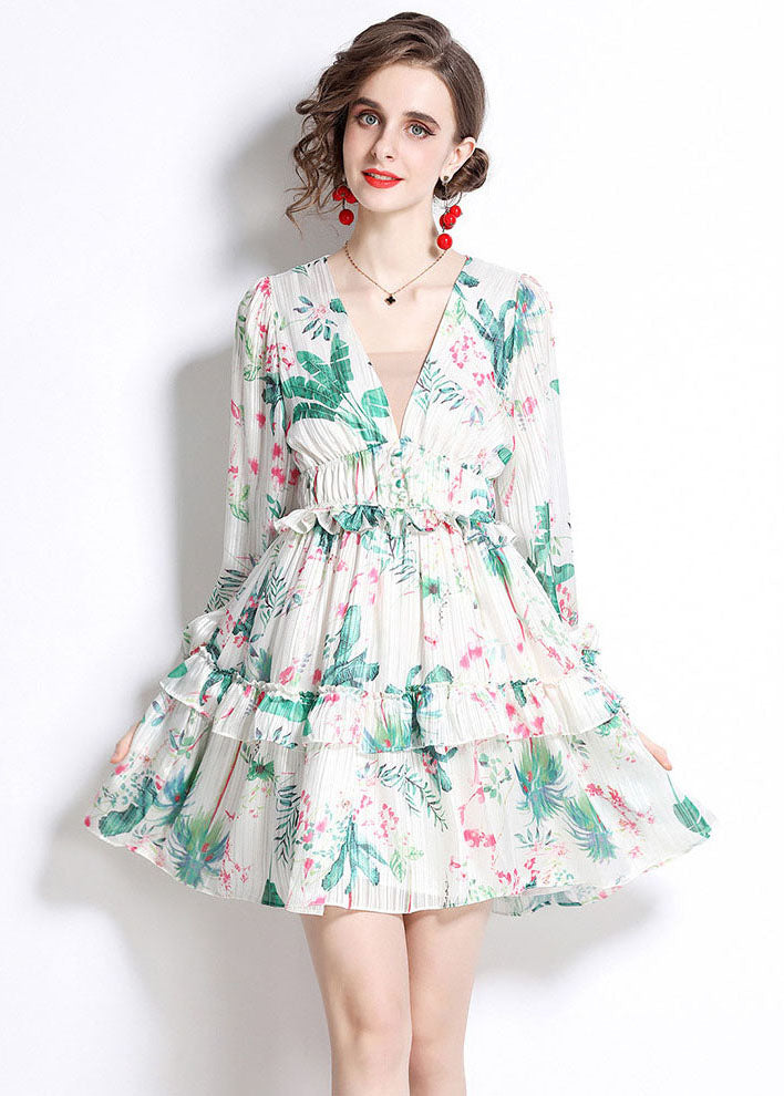 Tropical Palm Print Deep V-Neck Ruffle Cuff Long Sleeve Empire Waist Tiered Plisse Mini Dress