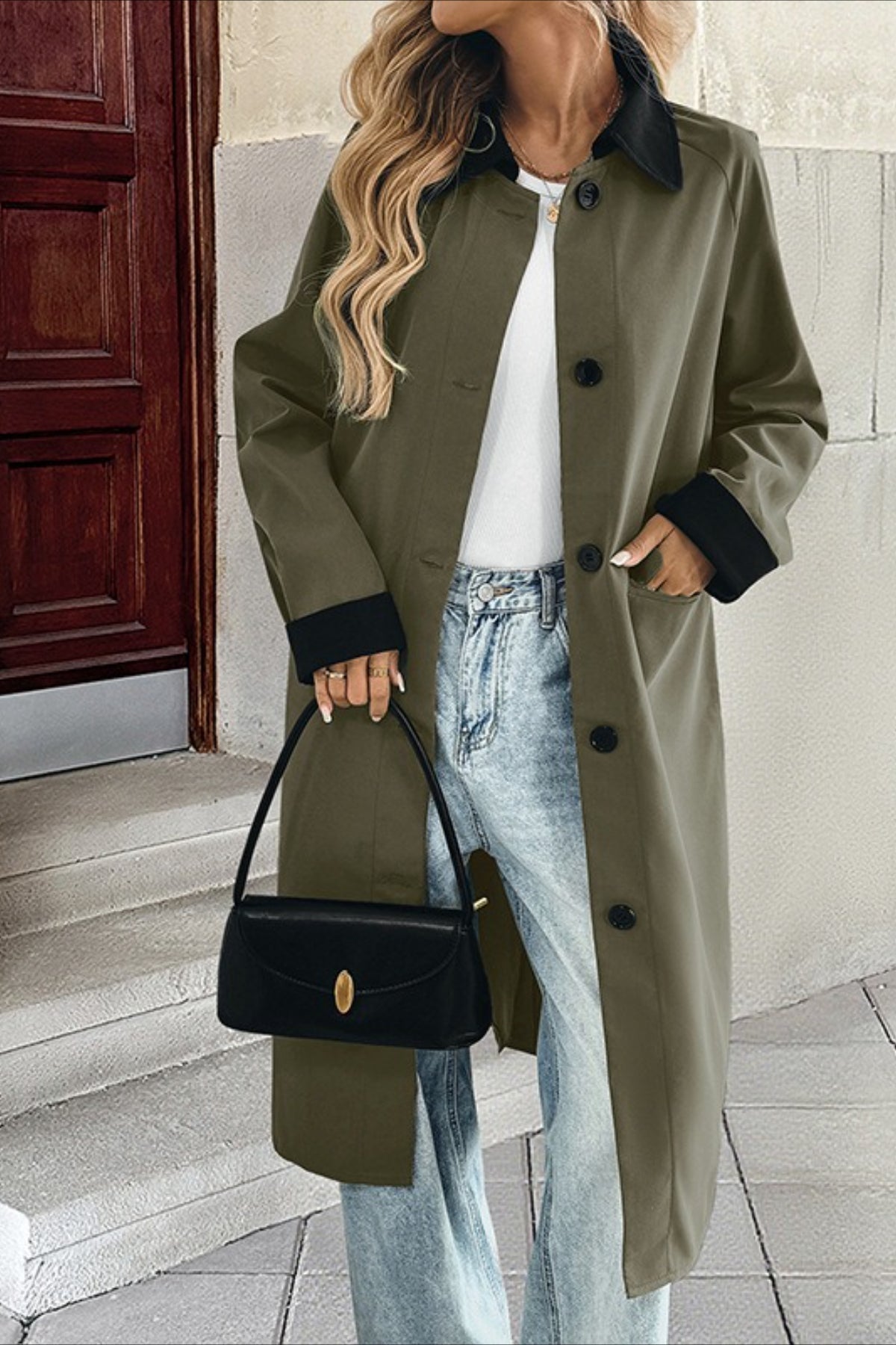 Contrast Collar and Cuff Single Breasted Flap Pocket Longline Coat 3