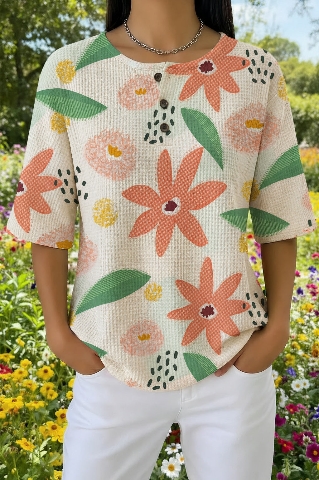 Womens Cream Floral Print Casual Henley Shirt