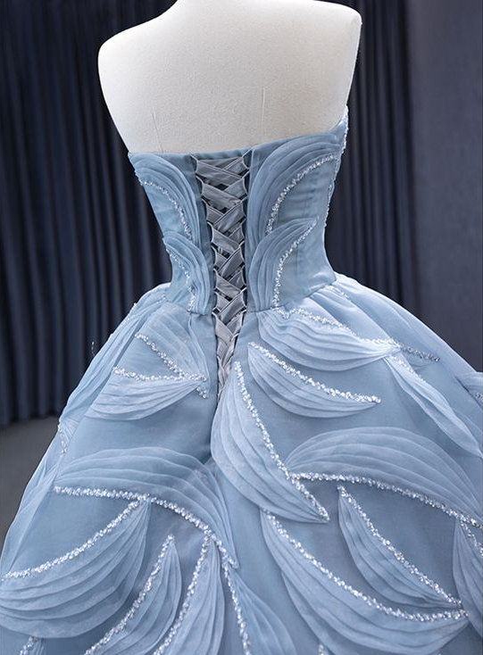 High-End Blue Beading Tulle Cascading Ruffles Prom Dress New Ball Gown cc1768