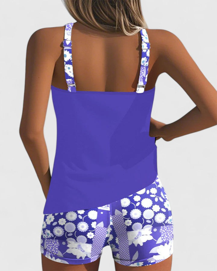 Racerback Tank and Floral Print Shorts Tankini Swimsuit Set